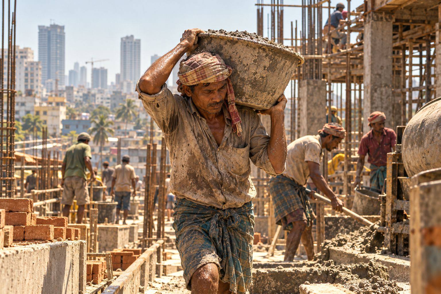 A construction worker carries a heavy load of wet concrete on his shoulder across a building site in harsh sun.
