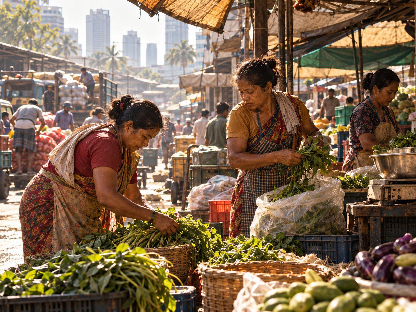 Women traders sort bundles of leafy greens at a busy open-air market in the morning heat.