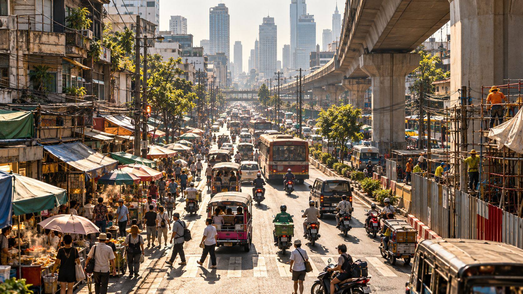 A dense, sun-bleached city street with market stalls, buses, motorbikes and pedestrians beneath an elevated railway.