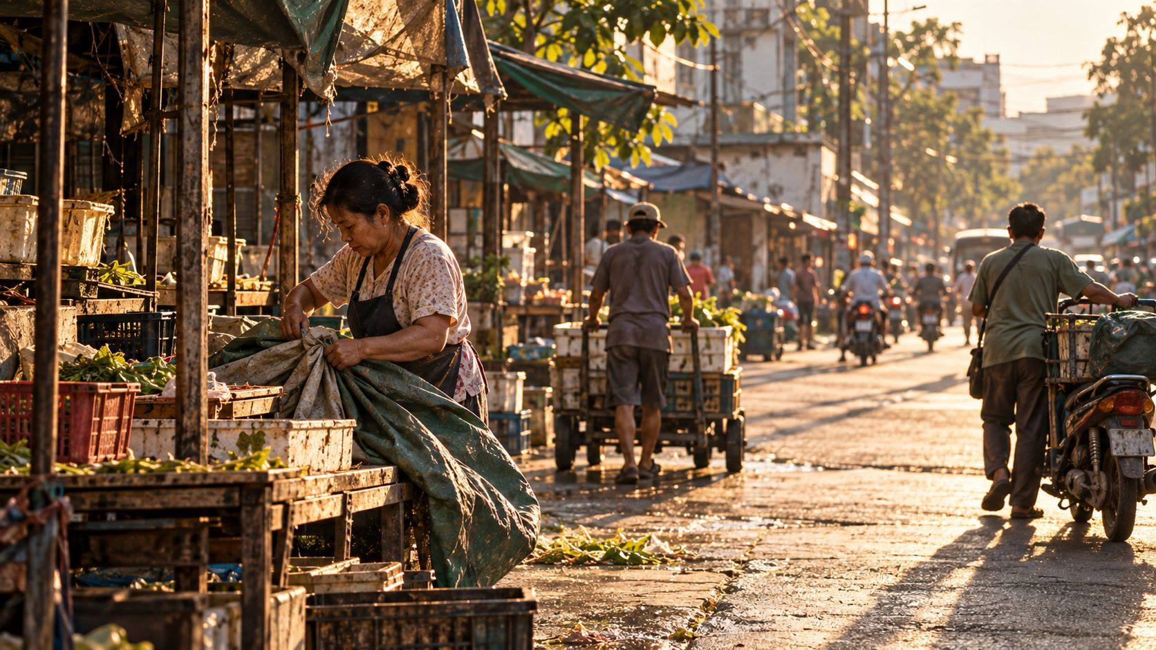 In late-afternoon light, a market trader packs away her stall while others wheel carts home along the street.